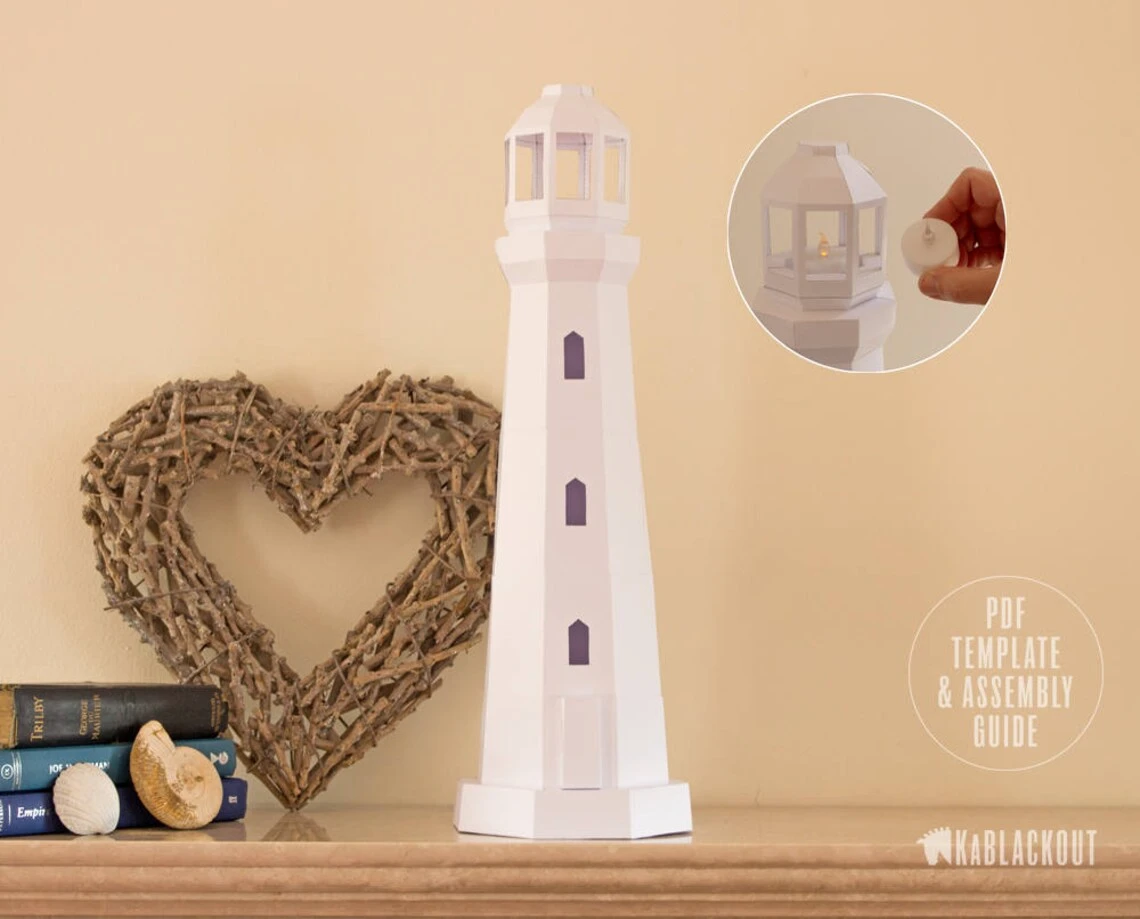 Lighthouse Papercraft, Low Poly Lighthouse Template, DIY Tea Light Lighthouse Model, Nautical Decor, Beach Decor - PDF Printable Download