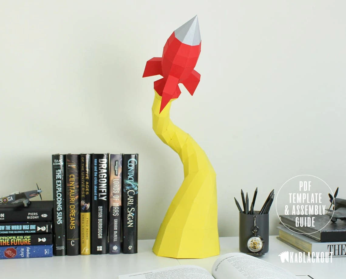 Low Poly Papercraft Rocket | Paper Rocket Desk Decor | Paper Craft Spaceship | Blast Off Rocket - Printable PDF Template Download