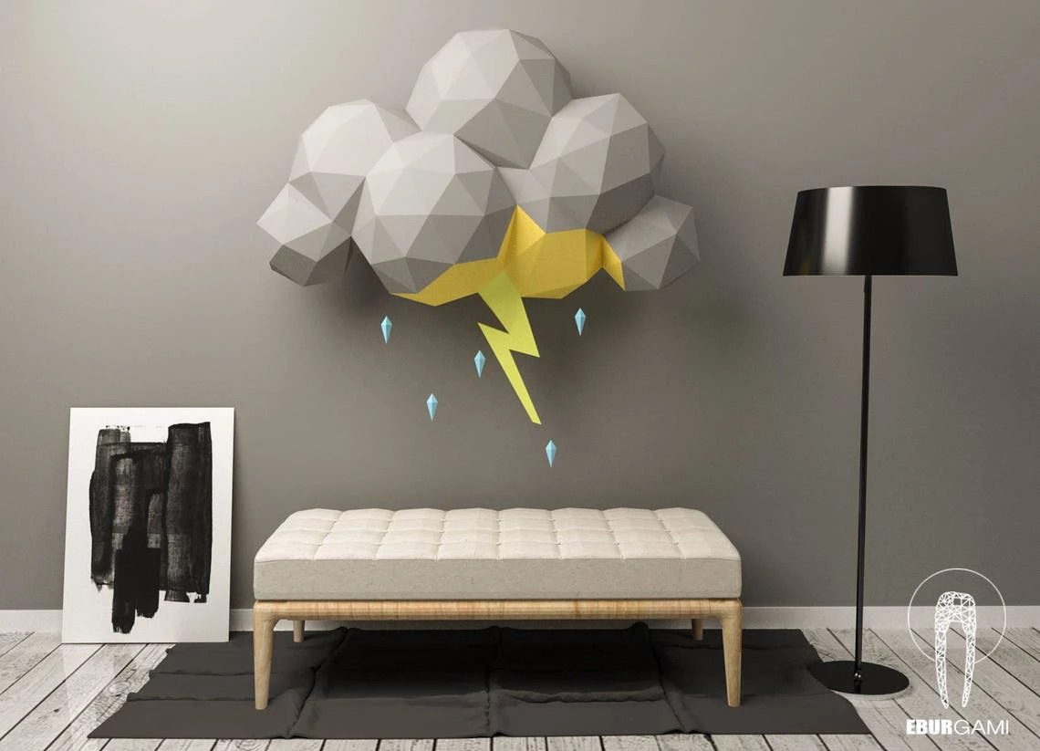 Cloud Storm Papercraft - Scenography - 3D Papercraft - Build Your Own - Low Poly Lightning - PDF Download DIY gift, Wall Decor - Eburgami