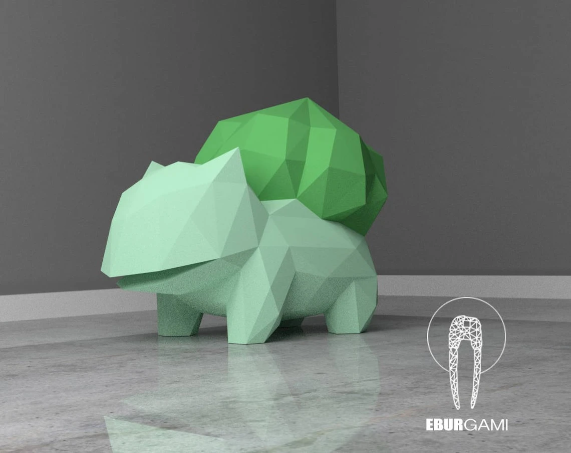 Paper craft DIY Bulbasaur - Pokemon - paper model Art, Low Poly DIY, DIY Paper 3D Art, Diy Paper Statue, Papercrafting, Eburgami