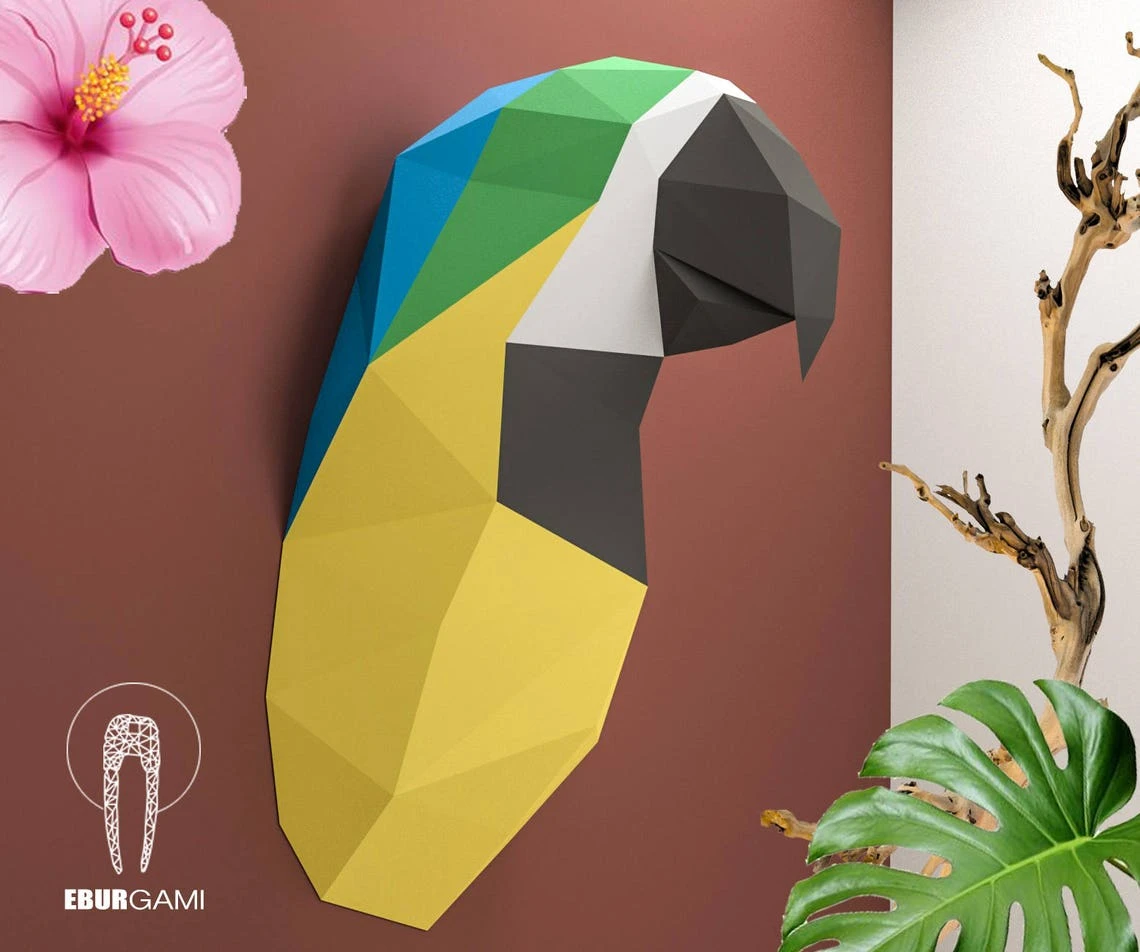 Parrot Trophy Head, Parrot Papercraft, Ara Parrot 3D, Instant Download, DIY Low Poly Tropical, Parrot PDF Template, Eburgami, 3D Papercraft