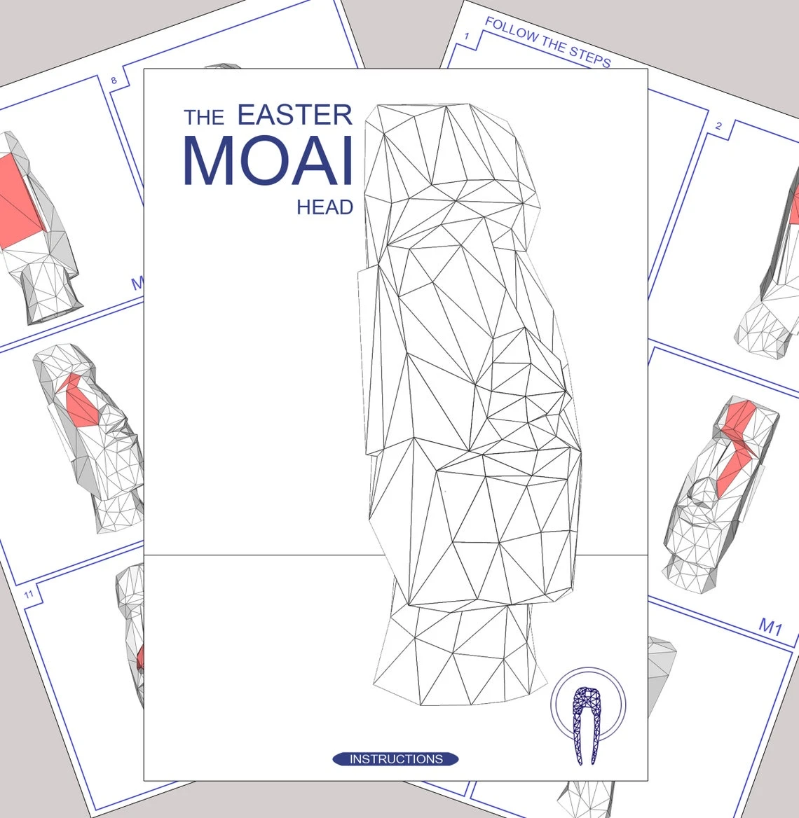 Moai Head 3D, PDF Download, Moai Head Papercraft pattern, Eater Island, model papercraft, DIY lowpoly, DIY paper sculpture, Moai Papercraft