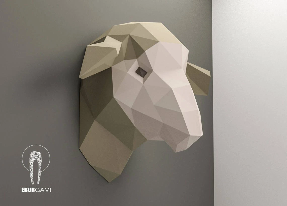 Sheep Pepercraft Head, Paper Craft Trophy, Pdf Kit, 3D DIY Mask Sheep Origami, DIY Paper Sculpture, Puzzle DIY, Digital Download, Trophy Art