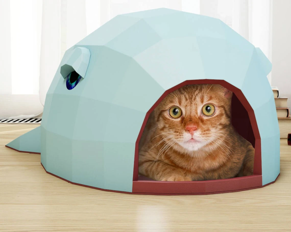 DIY Paper Cat House "Whale", Papercraft 3D cat cave, do it yourself cat home, how to make paper craft model, pdf pepakura low poly template