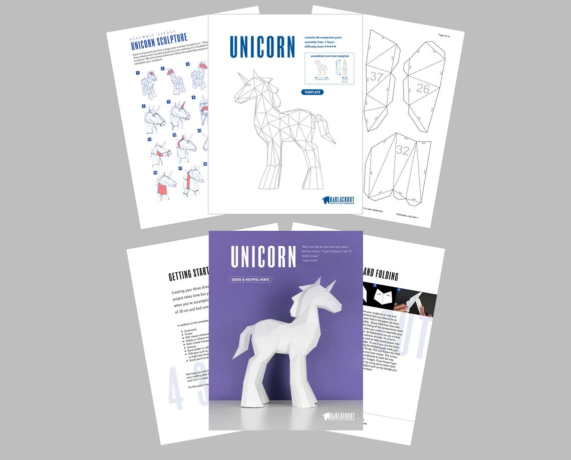 Papercraft Unicorn Template, DIY Unicorn Papercraft, Low Poly Unicorn Sculpture, Unicorn Decor, 3D Paper Unicorn - Printable PDF Template