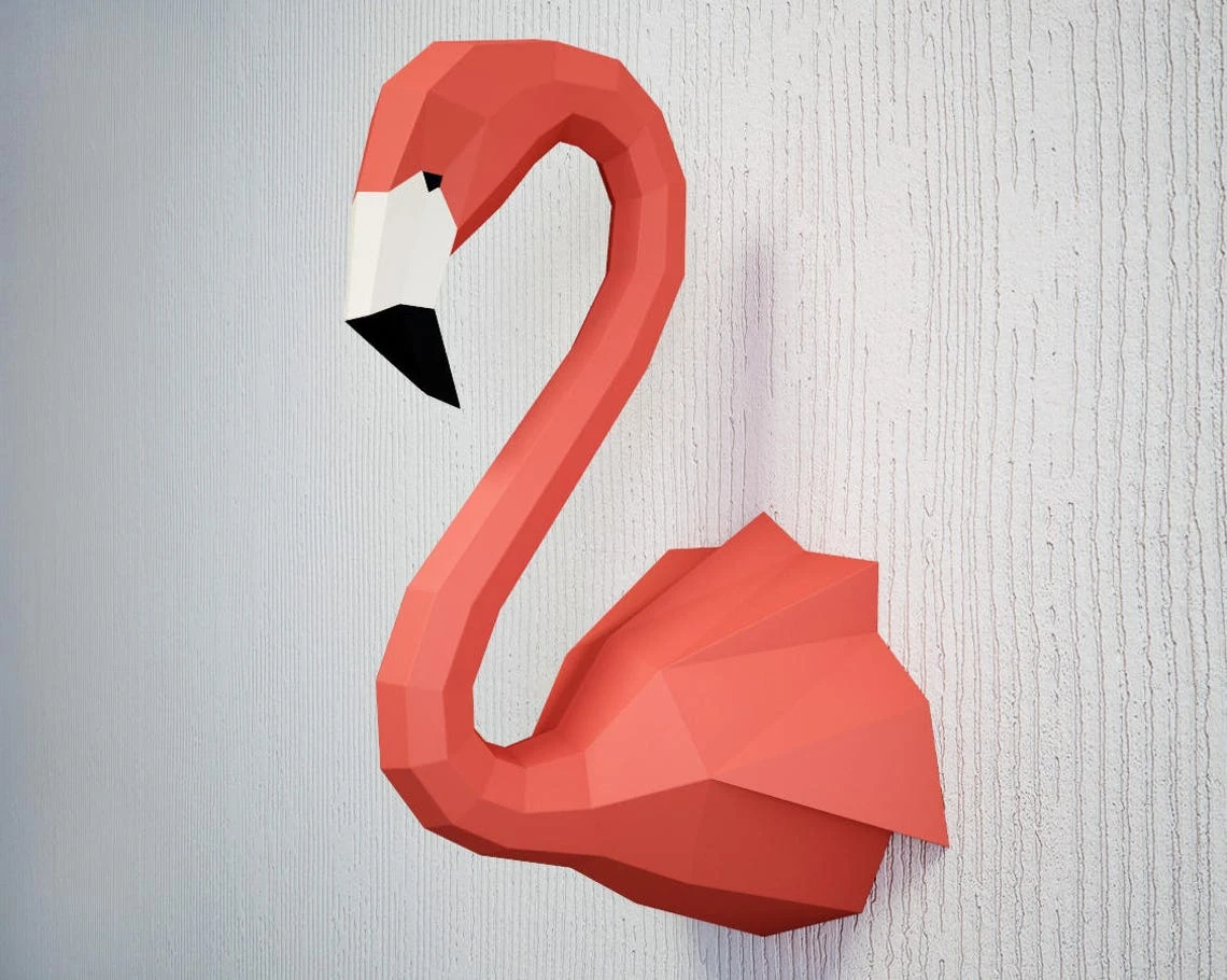 Papercraft Flamingo, 3D Paper Craft sculpture, animal head trophy, low poly sculpture template, pepakura pdf kit, origami bird, home decor