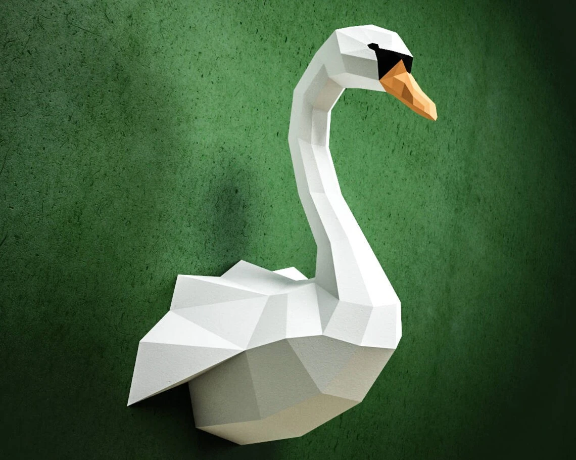 Papercraft Swan, DIY paper craft model, PDF template kit, Low poly paper sculpture, origami, animal trophy head, bird, goose, duck, pepakura