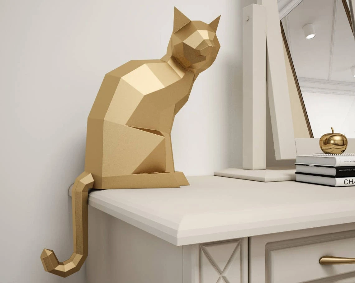 3D Paper craft Cat, DIY sculpture sitting cat, Papercrafting, Low Poly animals pet, paper model, 3D puzzle origami, instant download kit pdf