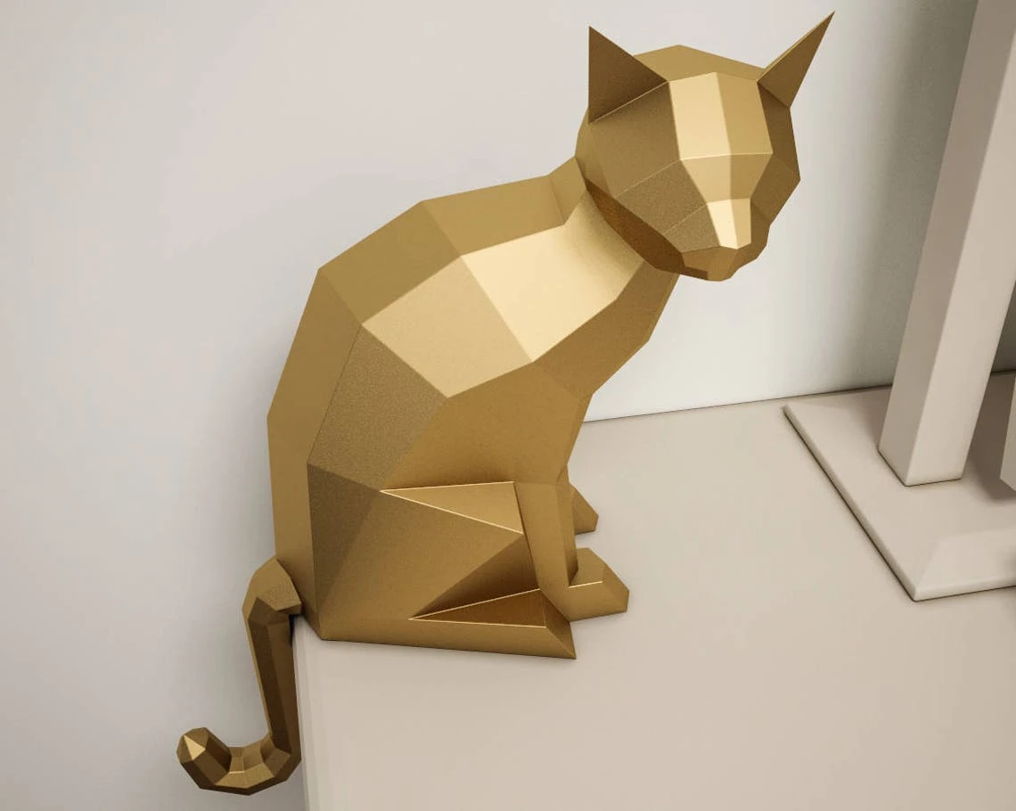 3D Paper craft Cat, DIY sculpture sitting cat, Papercrafting, Low Poly animals pet, paper model, 3D puzzle origami, instant download kit pdf