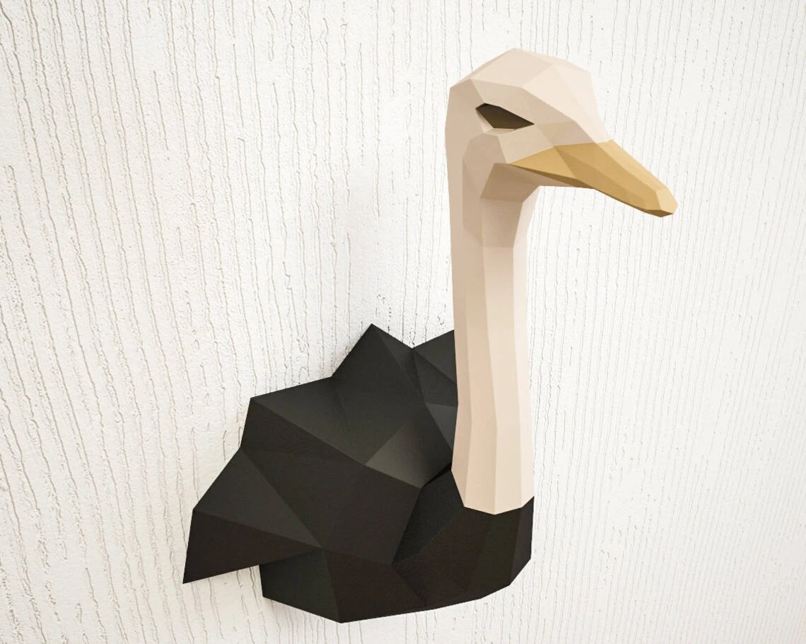 DIY Paper craft Ostrich, 3D papercraft animal trophy head, Low Poly bird, paper model sculpture, create your own camel-bird, printable PDF