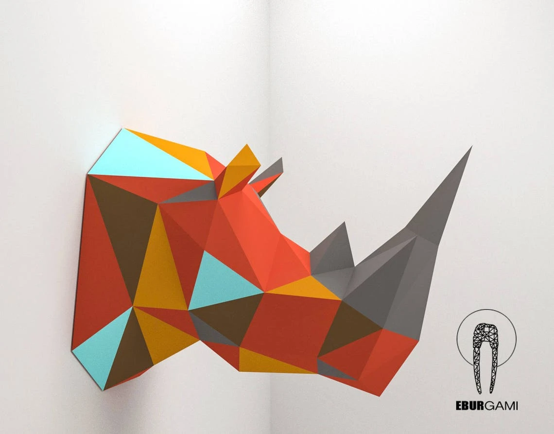 Rhino Head, Animal Head, Rhinoceros Head, Rhino mask, papercraft, DIY, low poly, trophy, papermodel, wall decoration, Eburgami, Lowpoly Mask