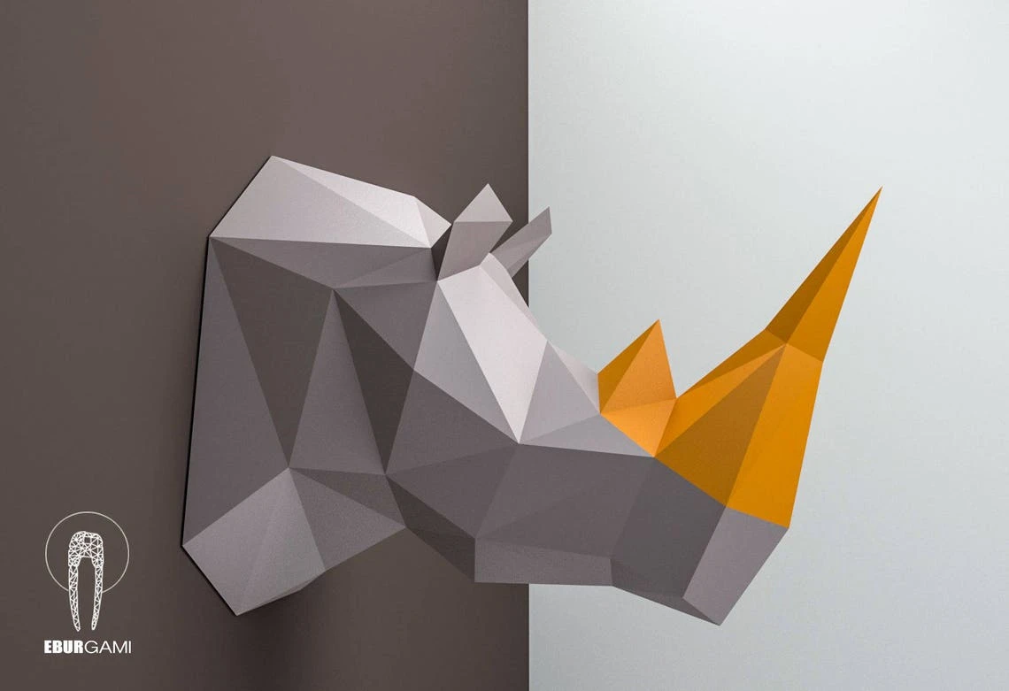 Rhino Head, Animal Head, Rhinoceros Head, Rhino mask, papercraft, DIY, low poly, trophy, papermodel, wall decoration, Eburgami, Lowpoly Mask