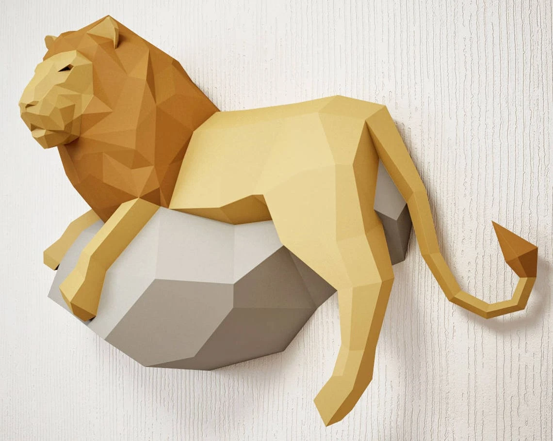 Papercraft Lion, 3D paper model, PDF paper craft template, low poly leo, wall decor DIY gift, animal head trophy, paper sculpture, pepakura