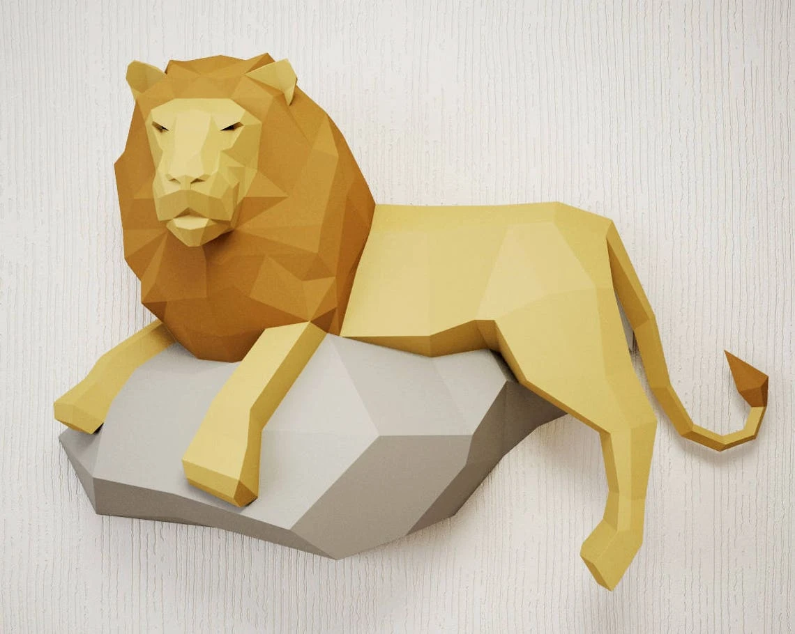 Papercraft Lion, 3D paper model, PDF paper craft template, low poly leo, wall decor DIY gift, animal head trophy, paper sculpture, pepakura