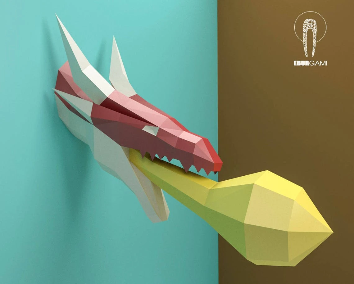 Paper Craft Dragon Head, Papercraft Trophy Dragon Mask DIY, 3D Origami Head, DIY Paper Sculpture,Low Poly DIY, Lowpoly Mask, Eburgami, Fire