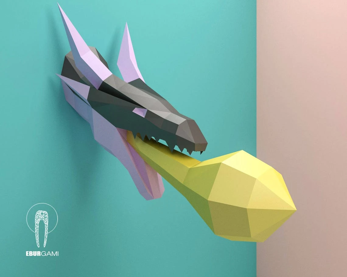 Paper Craft Dragon Head, Papercraft Trophy Dragon Mask DIY, 3D Origami Head, DIY Paper Sculpture,Low Poly DIY, Lowpoly Mask, Eburgami, Fire