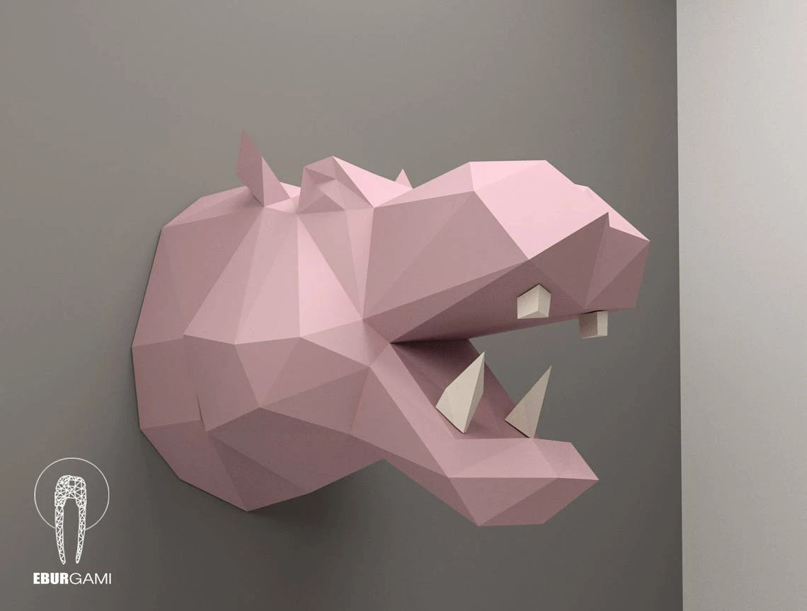 Hippo Pepercraft Head, Papercraft Trophy, Pdf Kit, 3D DIY Hippo Head, DIY Paper Sculpture, 3D Puzzle DIY, Digital Download, Hippopotamus