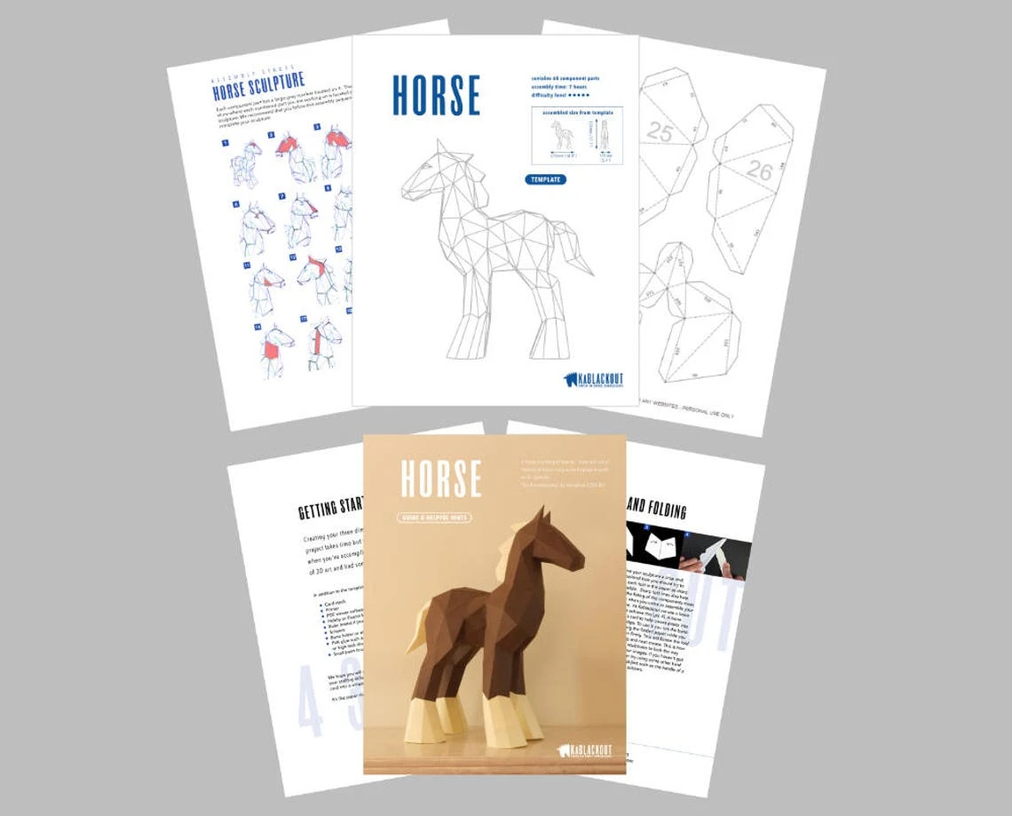 Papercraft Horse Template, DIY Horse Papercraft, DIY Pony Papercraft, Low Poly Horse, 3D Paper Horse