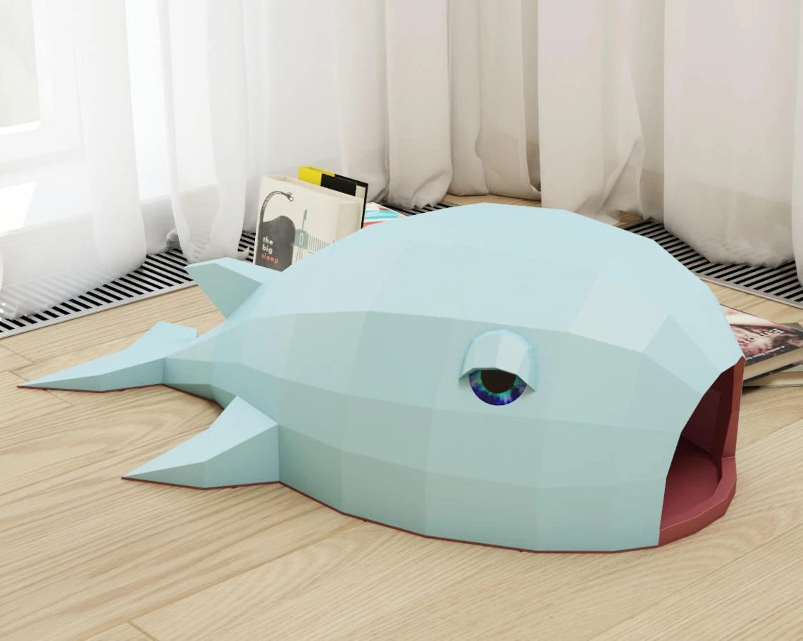 DIY Paper Cat House "Whale", Papercraft 3D cat cave, do it yourself cat home, how to make paper craft model, pdf pepakura low poly template