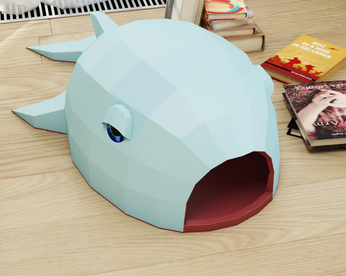 DIY Paper Cat House "Whale", Papercraft 3D cat cave, do it yourself cat home, how to make paper craft model, pdf pepakura low poly template