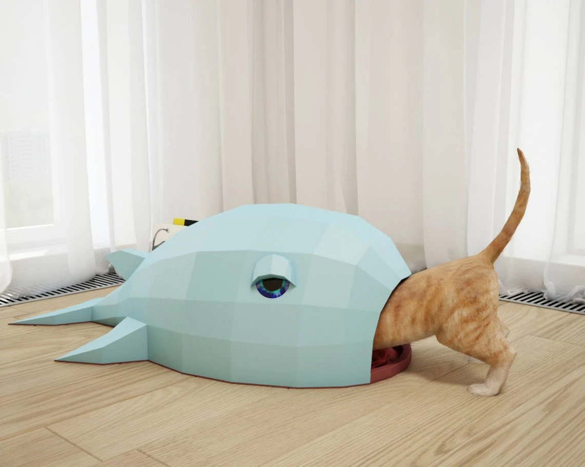 DIY Paper Cat House "Whale", Papercraft 3D cat cave, do it yourself cat home, how to make paper craft model, pdf pepakura low poly template