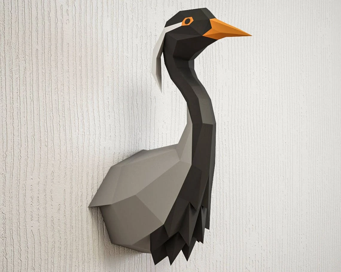 Papercraft Grue Demoiselle, 3D paper craft model, printable low poly sculpture, Heron, stork, bird, diy how to make, origami, pepakura kit