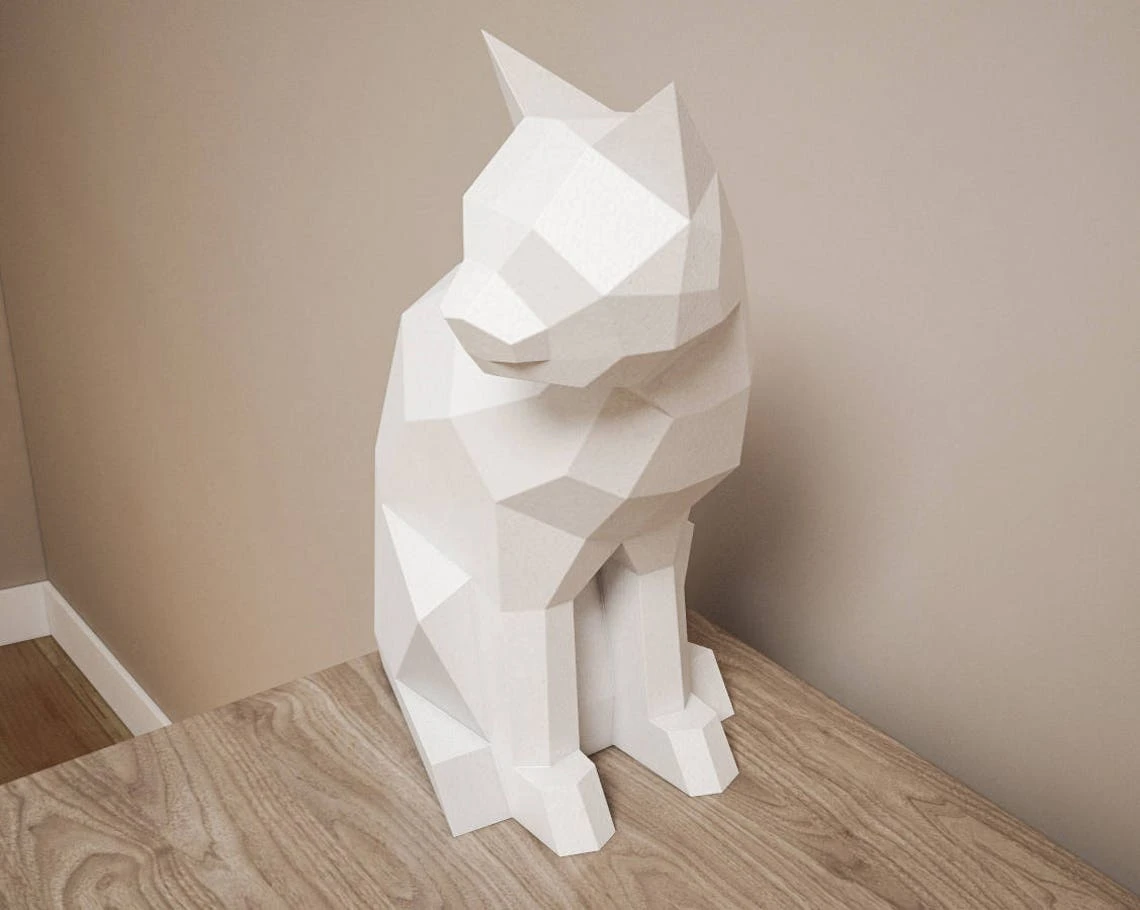 3D Paper craft Cat, DIY sculpture sitting cat, Papercrafting, Low Poly animals pet, paper model, 3D puzzle origami, instant download kit pdf