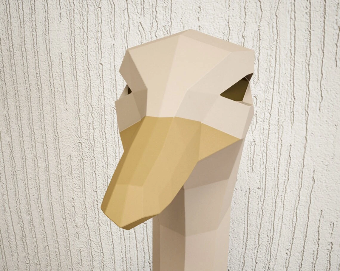 DIY Paper craft Ostrich, 3D papercraft animal trophy head, Low Poly bird, paper model sculpture, create your own camel-bird, printable PDF