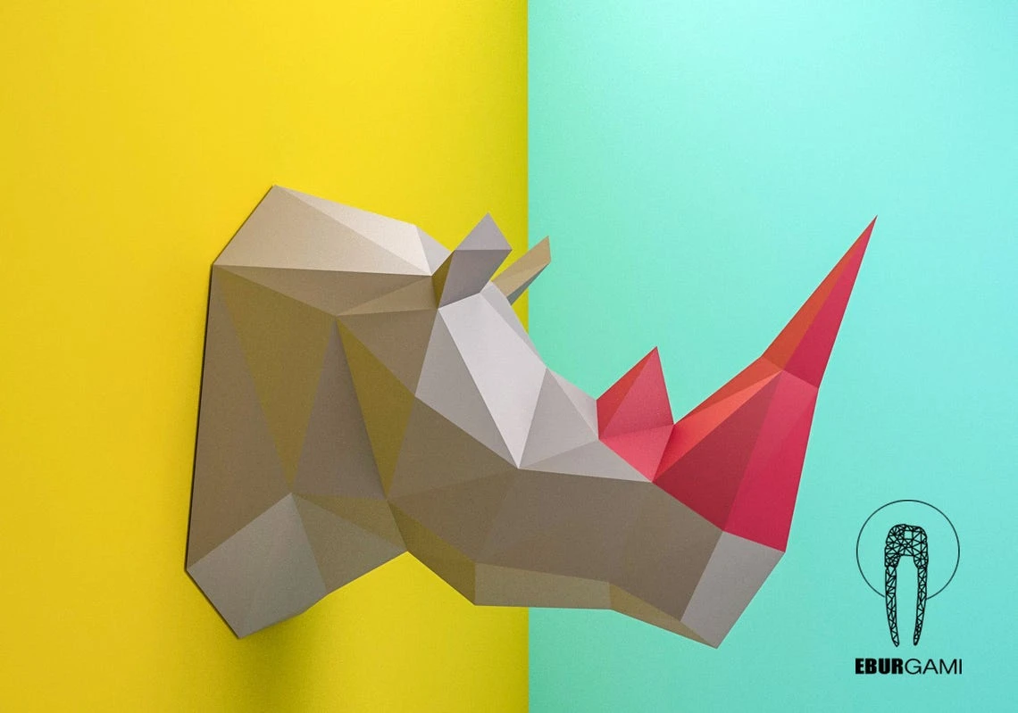 Rhino Head, Animal Head, Rhinoceros Head, Rhino mask, papercraft, DIY, low poly, trophy, papermodel, wall decoration, Eburgami, Lowpoly Mask