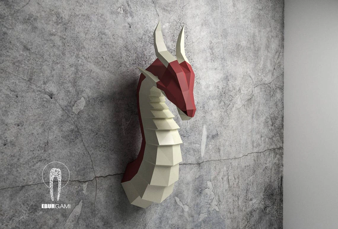 Paper Craft Dragon Head, Papercraft Trophy Dragon Mask DIY, 3D Origami Head, DIY Paper Sculpture,Low Poly DIY, Lowpoly Mask, Eburgami