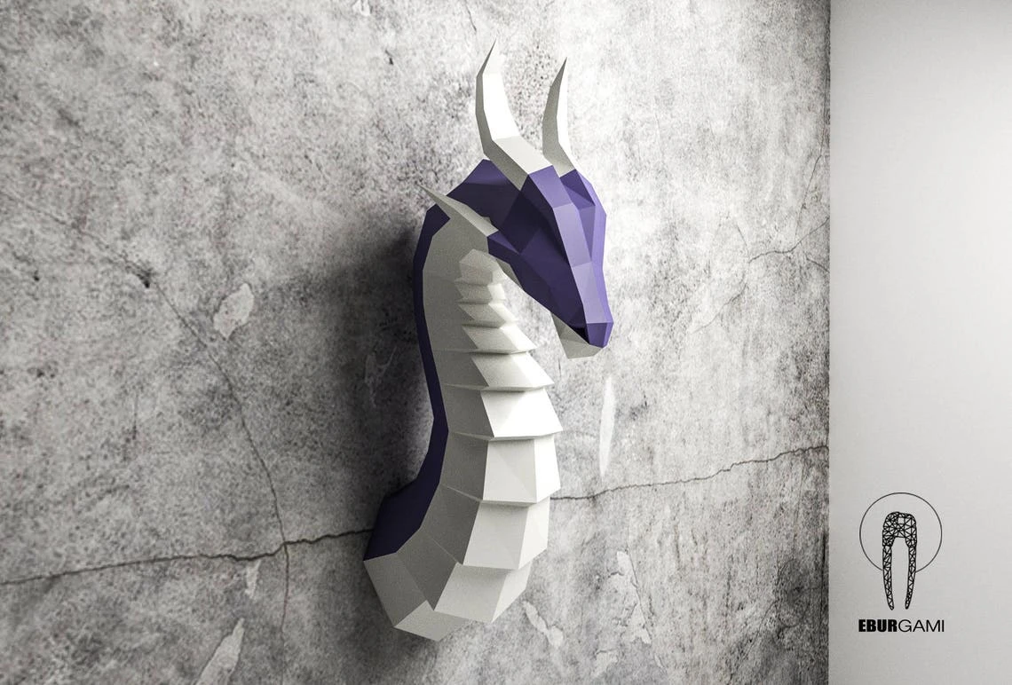 Paper Craft Dragon Head, Papercraft Trophy Dragon Mask DIY, 3D Origami Head, DIY Paper Sculpture,Low Poly DIY, Lowpoly Mask, Eburgami