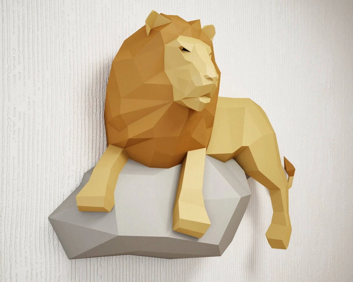 Papercraft Lion, 3D paper model, PDF paper craft template, low poly leo, wall decor DIY gift, animal head trophy, paper sculpture, pepakura