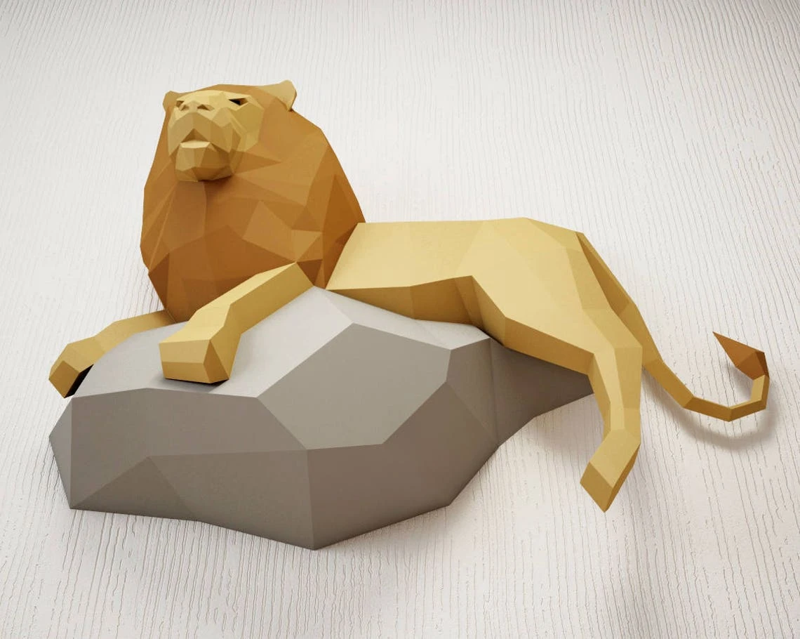 Papercraft Lion, 3D paper model, PDF paper craft template, low poly leo, wall decor DIY gift, animal head trophy, paper sculpture, pepakura