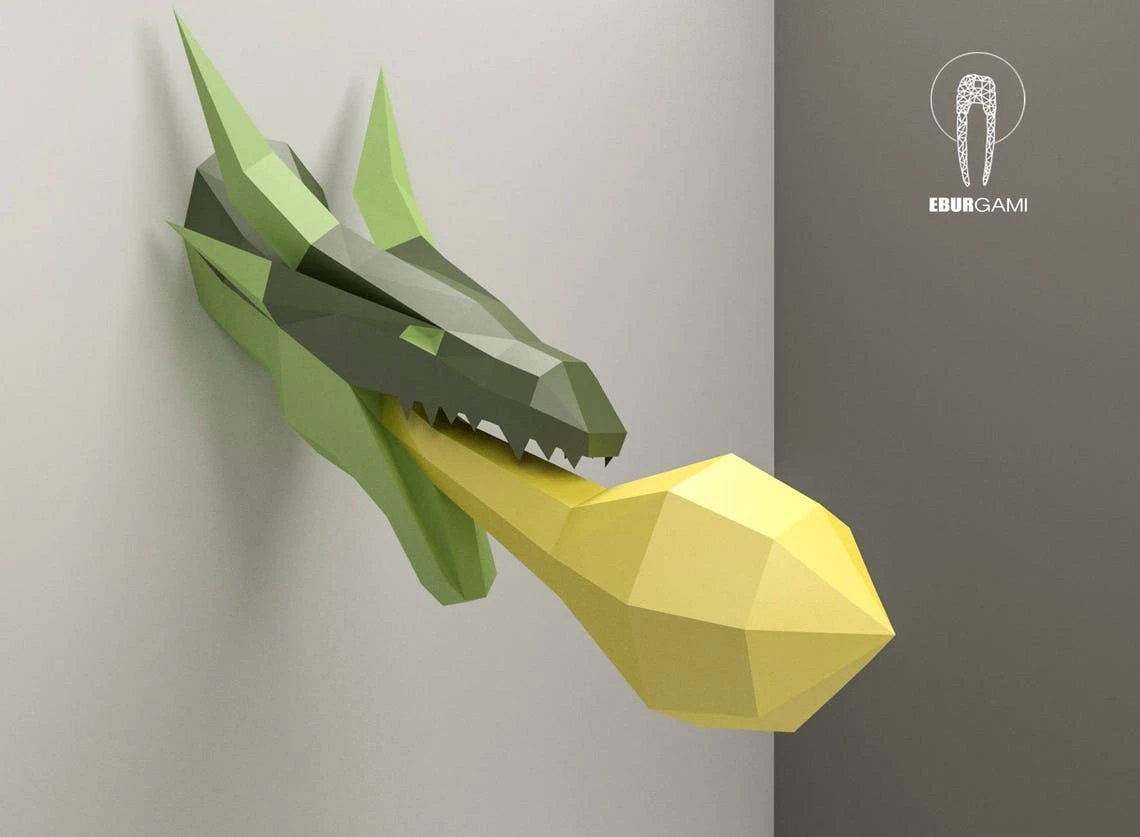 Paper Craft Dragon Head, Papercraft Trophy Dragon Mask DIY, 3D Origami Head, DIY Paper Sculpture,Low Poly DIY, Lowpoly Mask, Eburgami, Fire