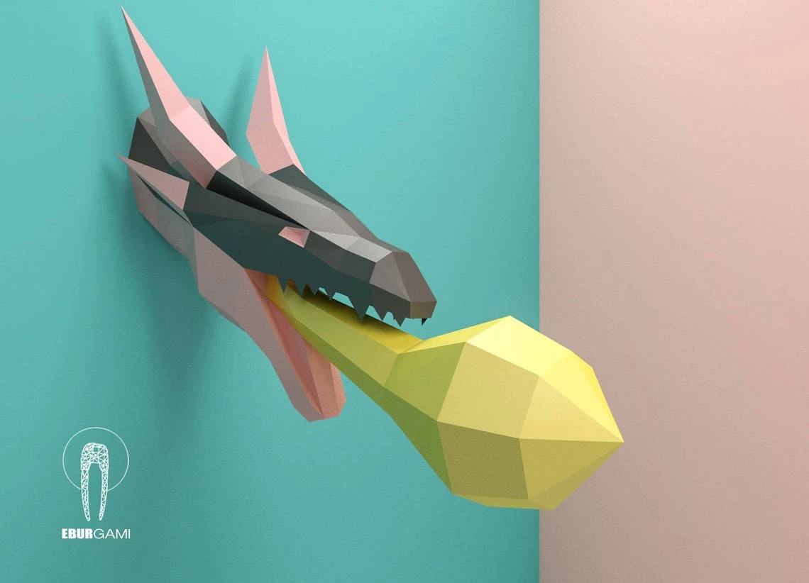 Paper Craft Dragon Head, Papercraft Trophy Dragon Mask DIY, 3D Origami Head, DIY Paper Sculpture,Low Poly DIY, Lowpoly Mask, Eburgami, Fire