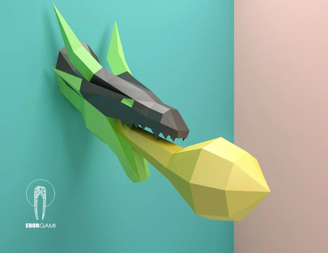 Paper Craft Dragon Head, Papercraft Trophy Dragon Mask DIY, 3D Origami Head, DIY Paper Sculpture,Low Poly DIY, Lowpoly Mask, Eburgami, Fire