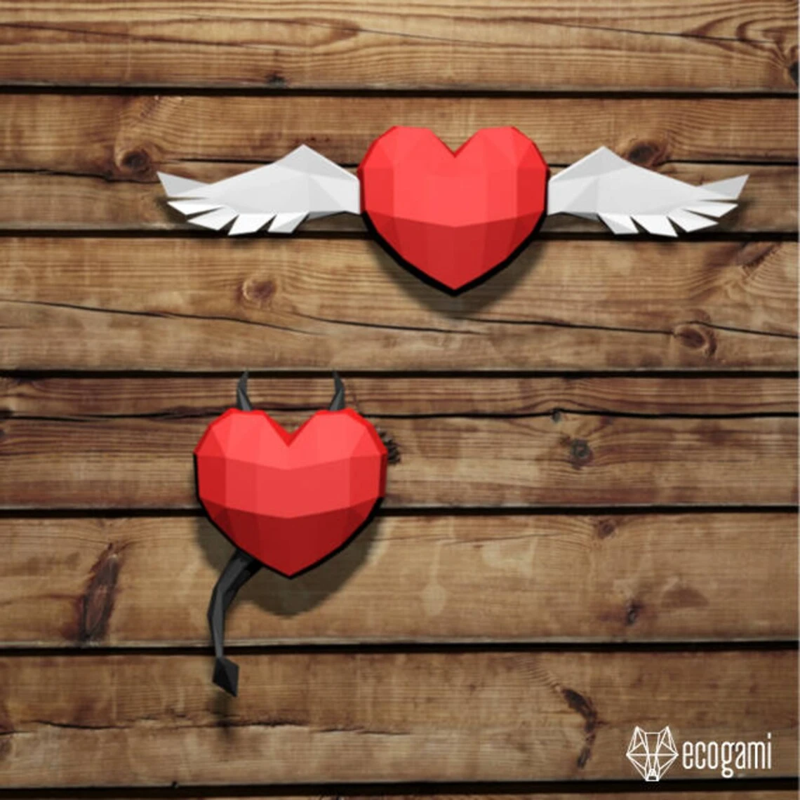 Heart with Wings Valentine papercraft trophy, printable 3D puzzle, papercraft Pdf template to make your lovers day wall decor