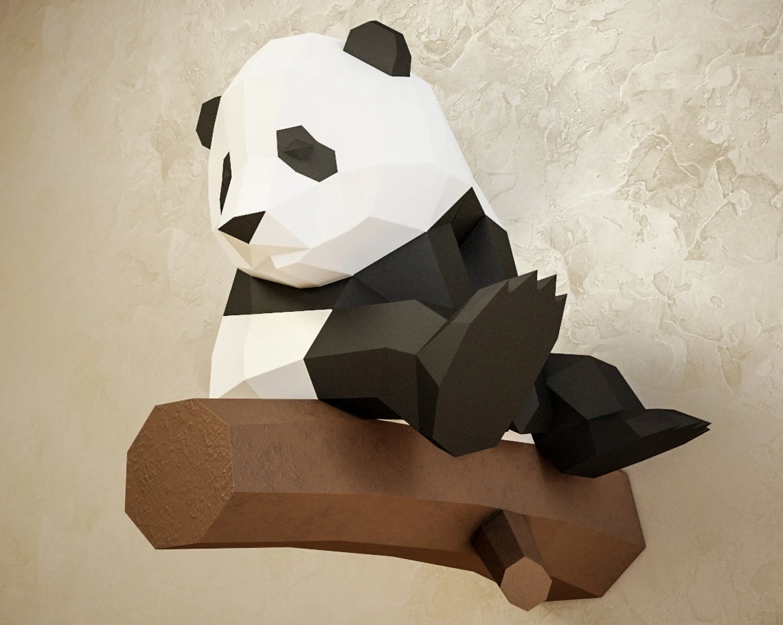 Papercraft Little Panda, DIY Paper craft, 3D template PDF kit, make your own low poly baby panda, origami pepakura, home decor idea, statue