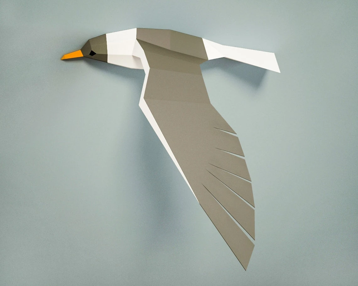 Papercraft gull 3D sculpture, DIY Paper craft template, Seagull origami kit, Bird wall home decor, low poly printable PDF constructor, A4/US