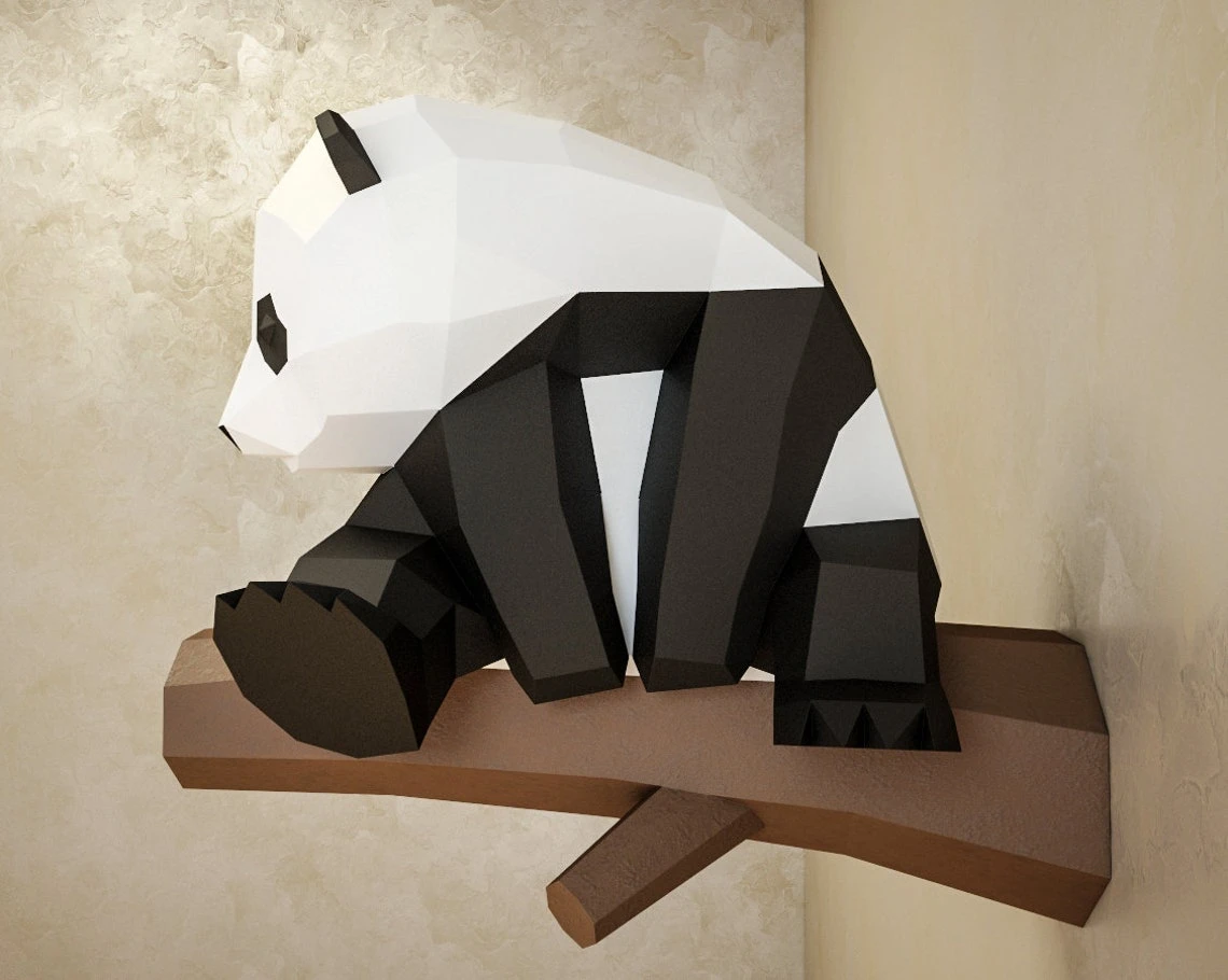 Papercraft Little Panda, DIY Paper craft, 3D template PDF kit, make your own low poly baby panda, origami pepakura, home decor idea, statue