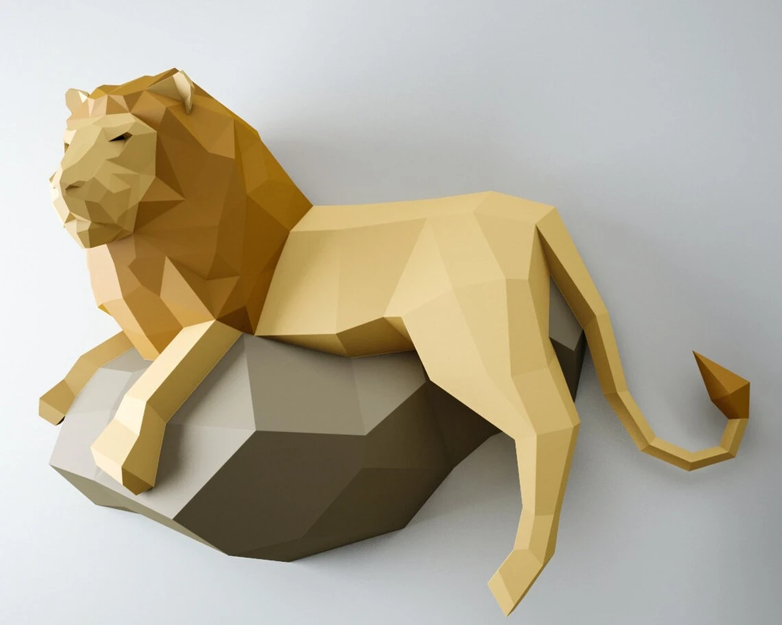 Papercraft Lion, 3D paper model, PDF paper craft template, low poly leo, wall decor DIY gift, animal head trophy, paper sculpture, pepakura