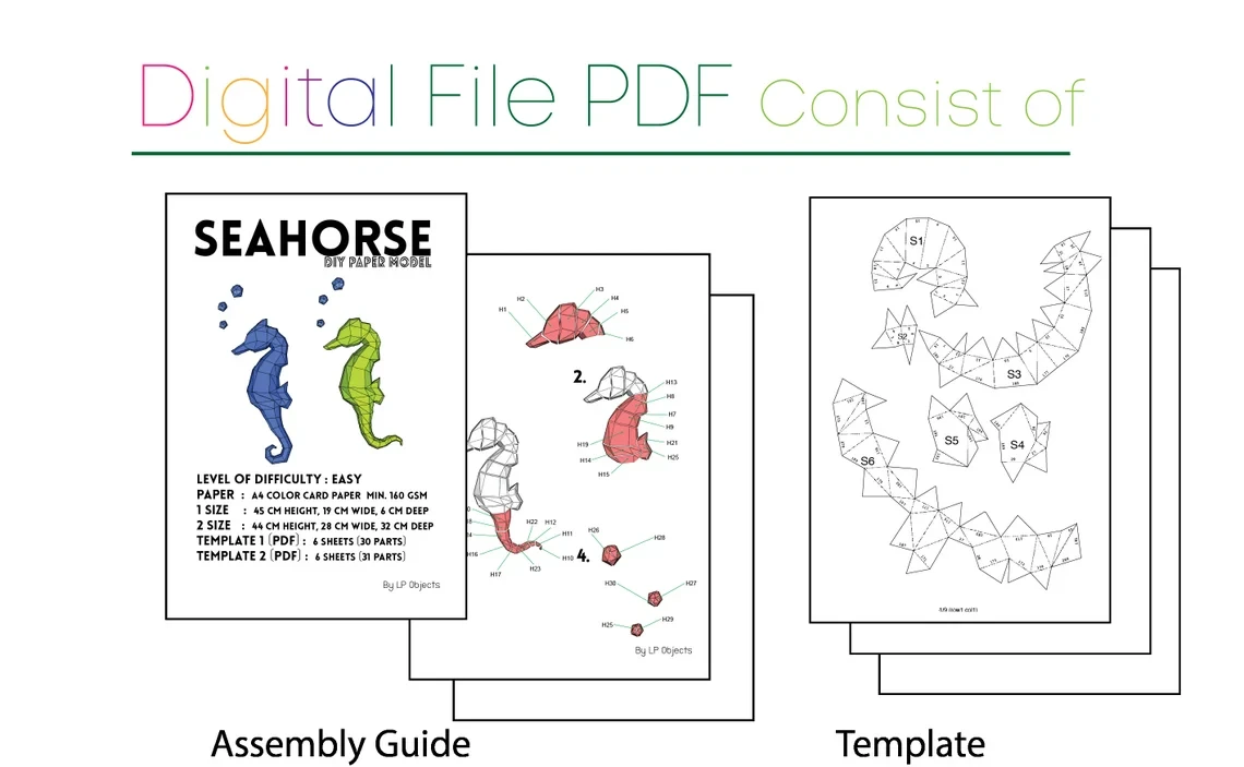 Seahorse wall Paper Craft, Digital Template, Origami, PDF Download DIY, Low Poly, Wall Decor