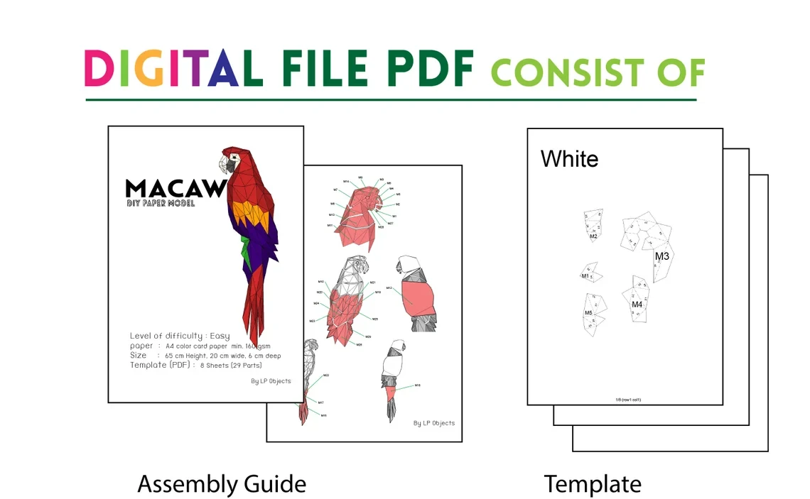 Macaw wall Paper Craft, Digital Template, Origami, PDF Download DIY, Low Poly, Parrot Wall Decor