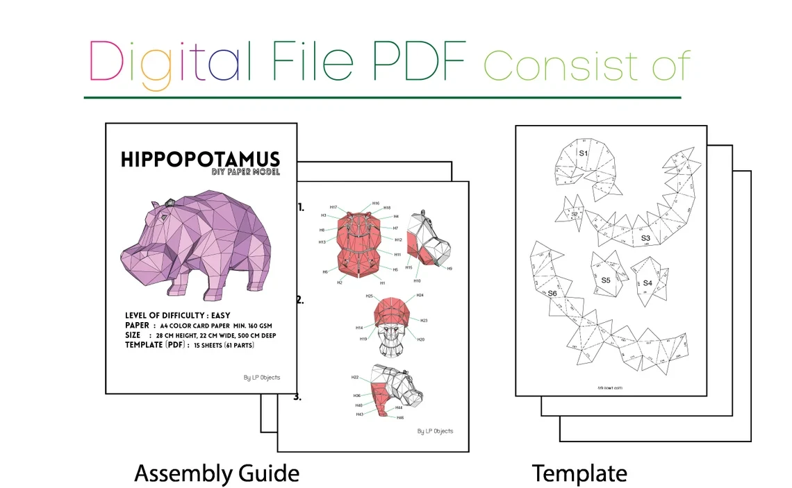 Hippopotamus, Hippo Paper Craft, Digital Template, Origami, PDF Download DIY, Low Poly, Trophy, Sculpture, Model