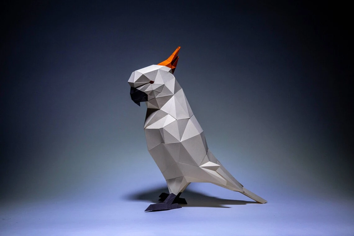 Parrot Paper Craft, Digital Template, Origami, PDF Download DIY, Low Poly, Trophy, Sculpture, Model, Parrot White