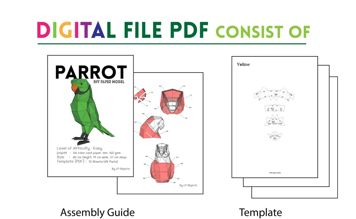 Parrot Green Paper Craft, Digital Template, Origami, PDF Download DIY, Low Poly, Trophy, Sculpture, Model