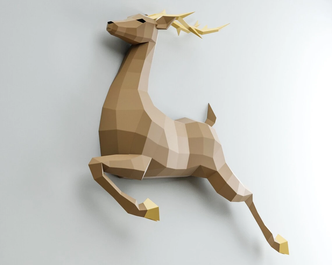 3D Papercraft Deer, Paper craft model stag, origami caribou, DIY kit doe, low poly hind, polygonal moose, roe trophy, animal template PDF