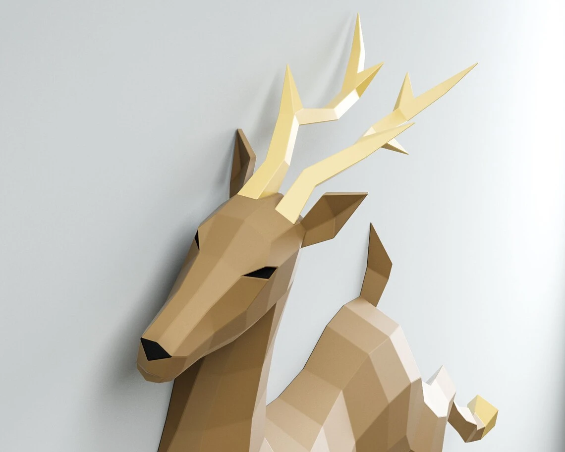 3D Papercraft Deer, Paper craft model stag, origami caribou, DIY kit doe, low poly hind, polygonal moose, roe trophy, animal template PDF