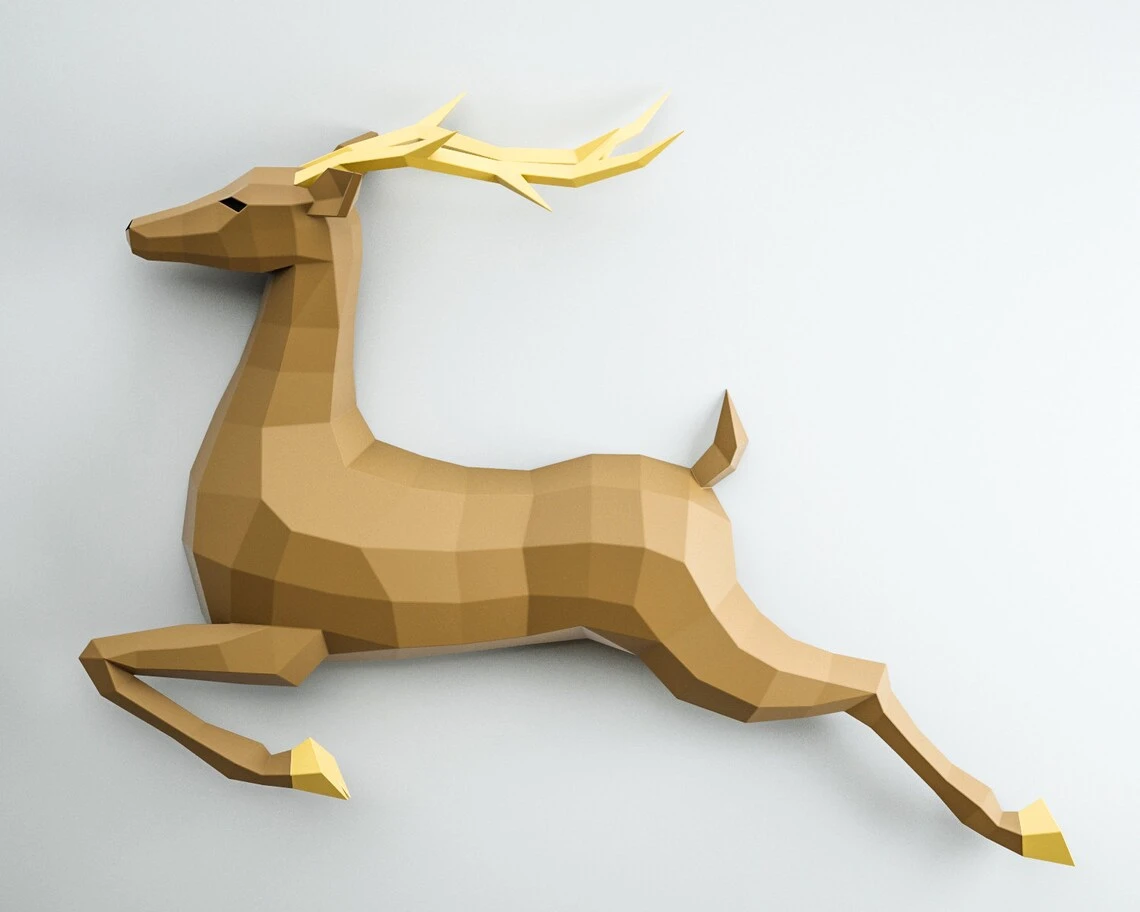 3D Papercraft Deer, Paper craft model stag, origami caribou, DIY kit doe, low poly hind, polygonal moose, roe trophy, animal template PDF