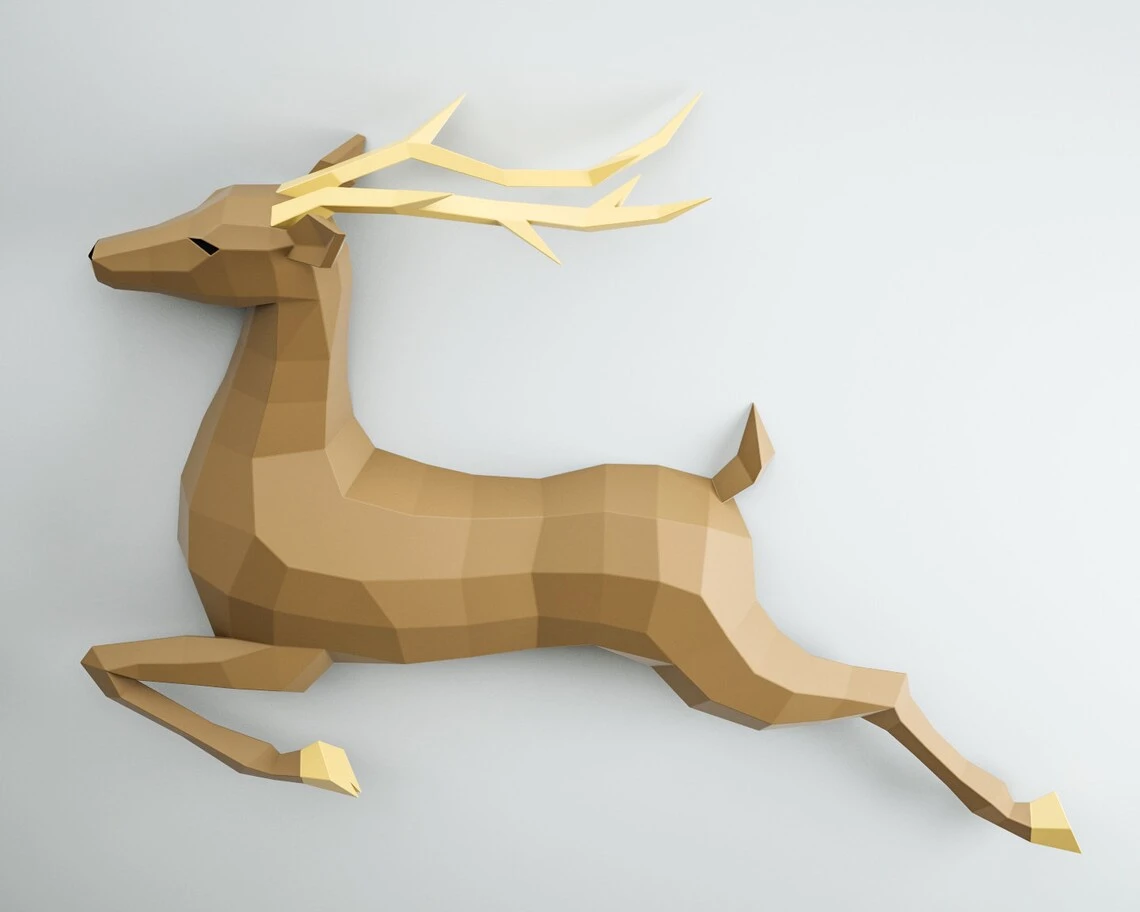 3D Papercraft Deer, Paper craft model stag, origami caribou, DIY kit doe, low poly hind, polygonal moose, roe trophy, animal template PDF